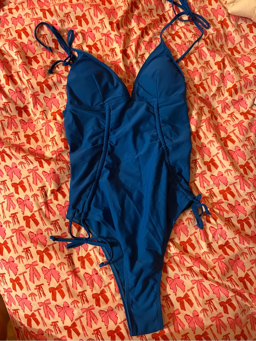 Women’s Blue One-Piece Swimsuit with Adjustable Ties